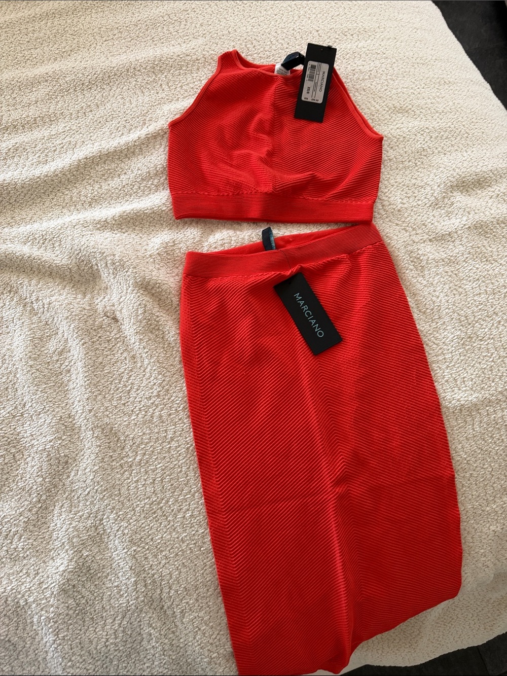 Marciano Red Two-Piece Ribbed Midi Skirt Set